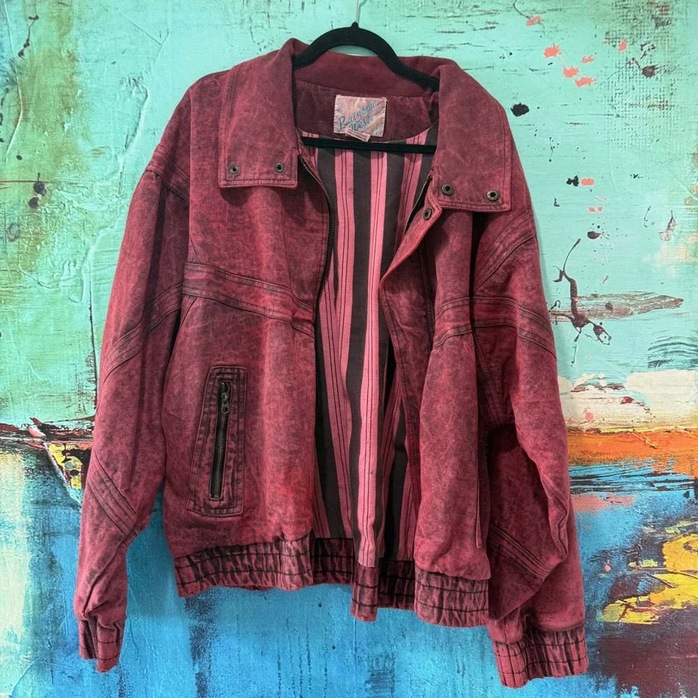 Vintage Rainbow West Acid Wash Cotton Bomber Jacket Burgundy Red XL Mens 80s 90s